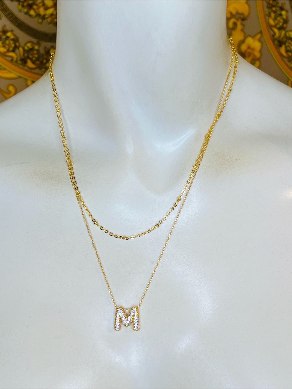 18k yellow gold filled M pave CZ 💎 diamond layered necklace initial letter